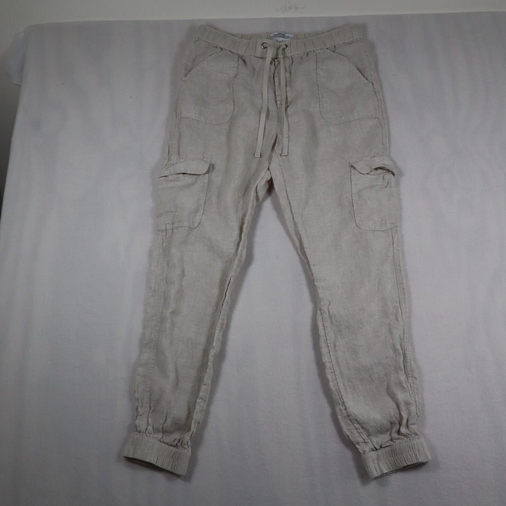 Nicole Miller 100% Linen Cargo Jogger Pants Women's M Cream Beach Coastal Resort